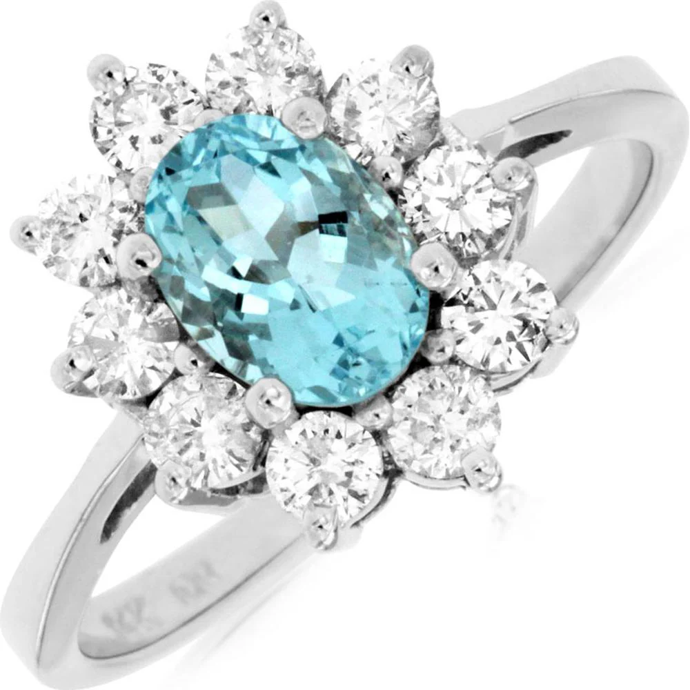 14K White Gold Aquamarine and Diamond Halo Ring - 1.45 Carats Total Gem Weight - Royal Jewelry