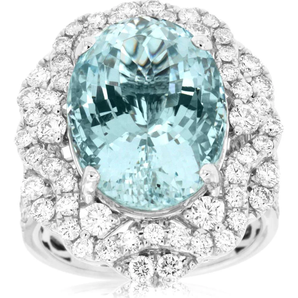 14K White Gold Aquamarine & Diamond Halo Ring - 9.50 Carats Aquamarine & 1.45 Carats Total Diamond Weight - Royal Jewelry