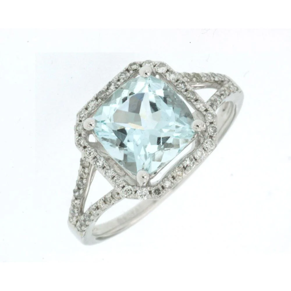 14K White Gold Aquamarine & Diamond Halo Ring with 1.80 Carats Cushion Cut Aquamarine and 0.30 Carats Total Diamond Weight - Royal Jewelry