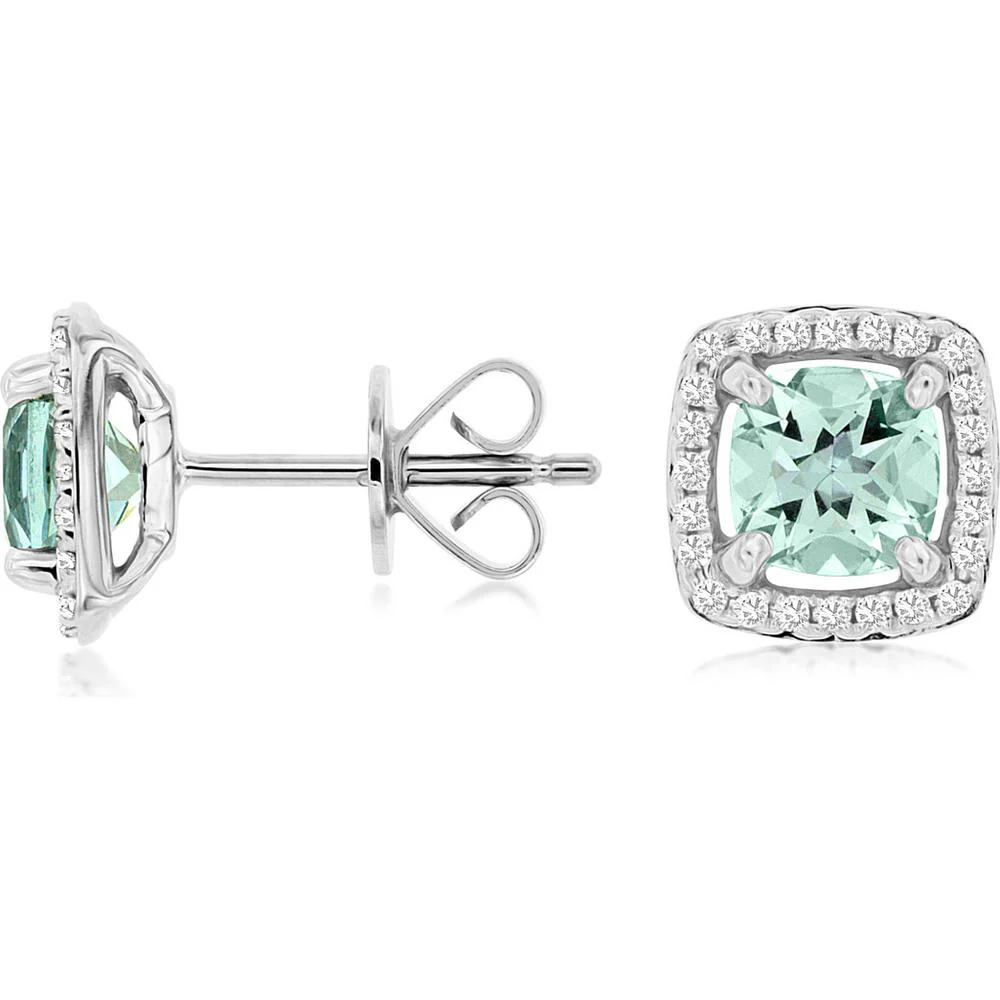 14K White Gold Aquamarine and Diamond Halo Stud Earrings - 1.00 Carat Total Aquamarine Weight, 0.14 Carat Total Diamond Weight - Royal Jewelry