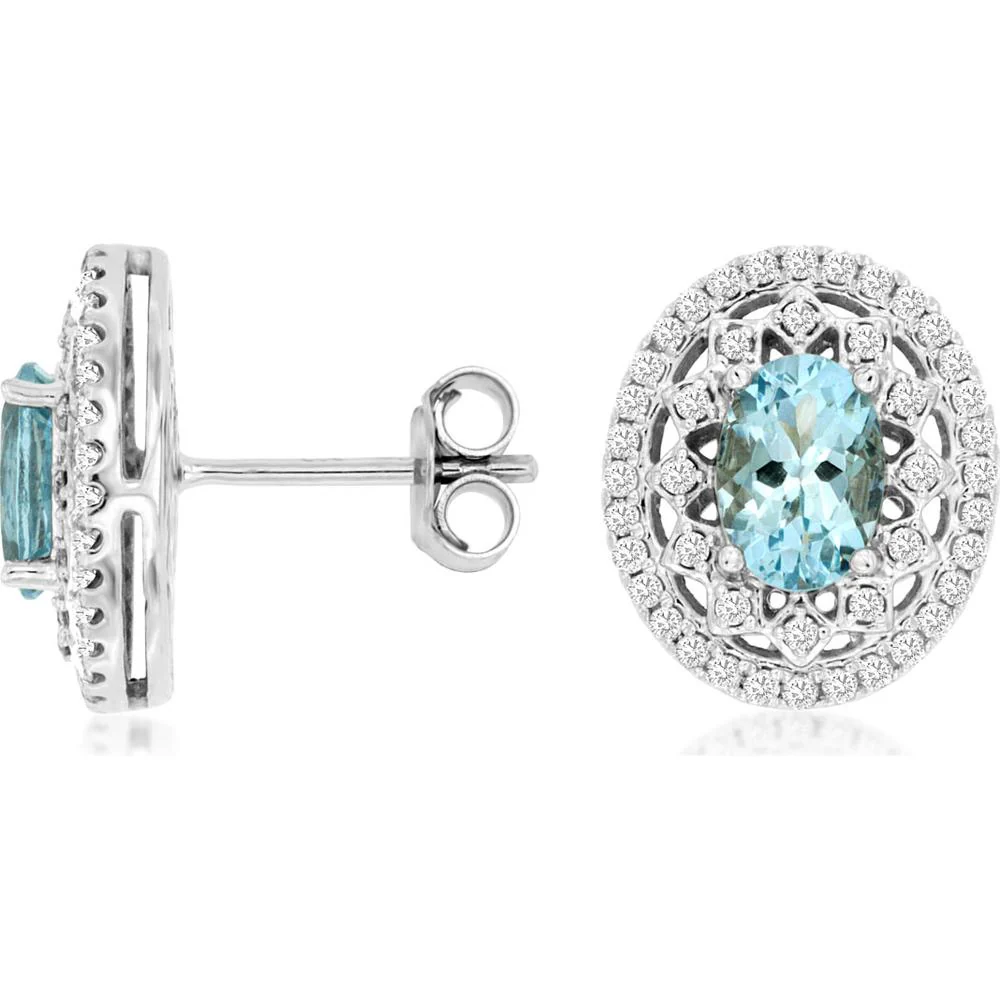 14K White Gold Aquamarine & Diamond Halo Stud Earrings - 1.35 Carats Total Aquamarine, 0.24 Carats Total Diamond Weight - Royal Jewelry