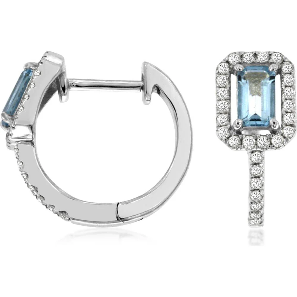 14K White Gold Aquamarine & Diamond Hoop Earrings - 0.90 Carats Total Aquamarine Weight, 0.42 Carats Total Diamond Weight - Royal Jewelry
