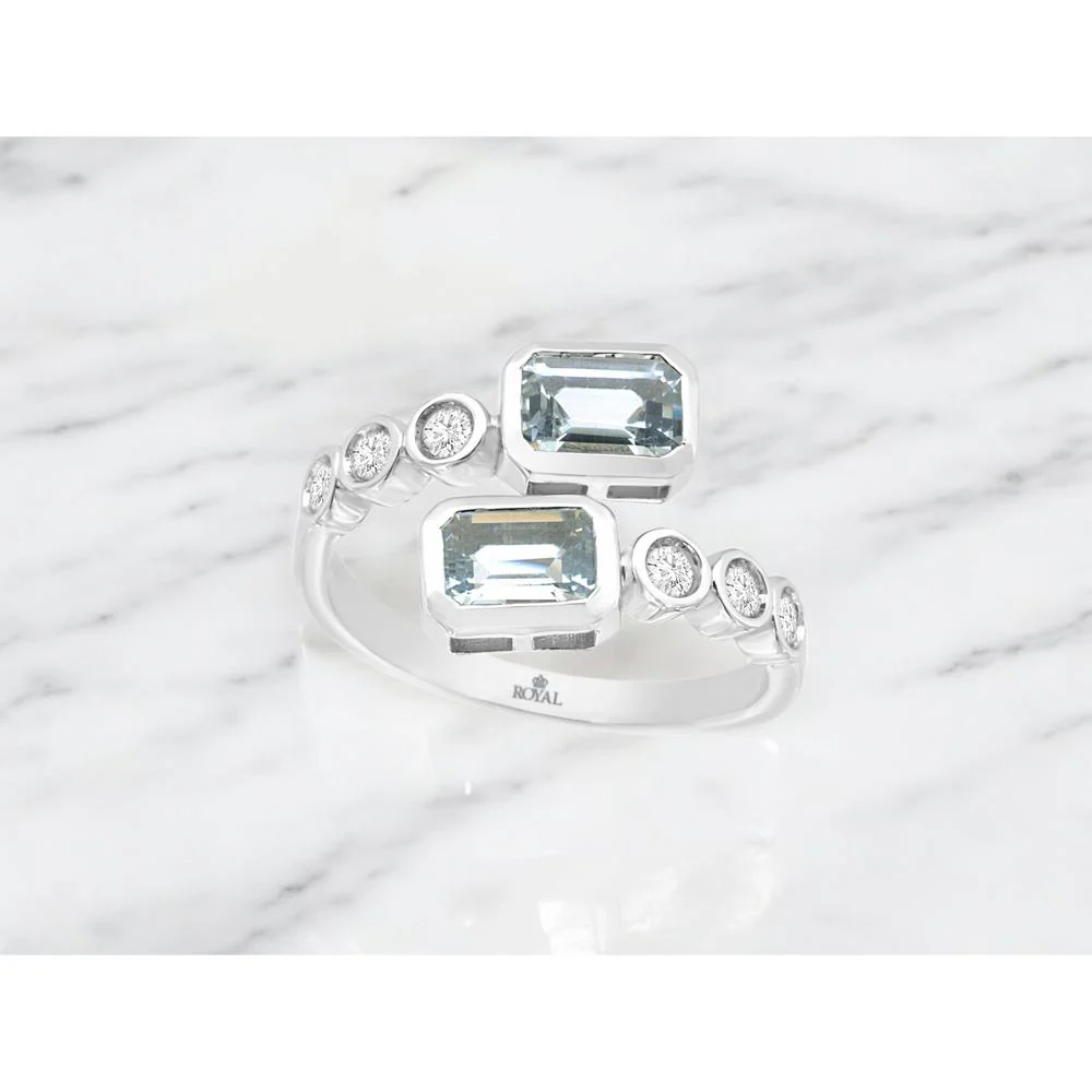 14K White Gold Aquamarine & Diamond Open Ring with Emerald-Cut Aquamarines - 1.00 Carat Total Aquamarine Weight & 0.25 Carat Total Diamond Weight - Royal Jewelry - Image 2