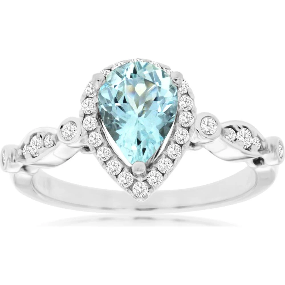 14K White Gold Aquamarine & Diamond Pear-Shaped Halo Ring - 1.15 Carats Total Gem Weight - Royal Jewelry