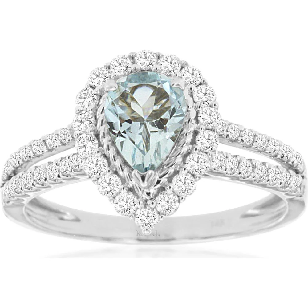 14K White Gold Aquamarine & Diamond Pear-Shaped Ring - 0.65 Carats Aquamarine, 0.52 Carats Total Diamond Weight - Royal Jewelry