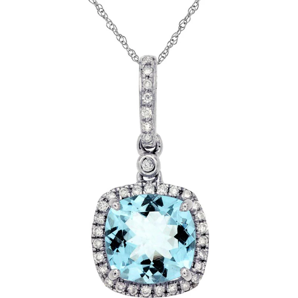 14K White Gold Aquamarine & Diamond Pendant with Cushion Cut Aquamarine - 1.85 Carats Aquamarine, 0.14 Carats Diamond Weight - Royal Jewelry