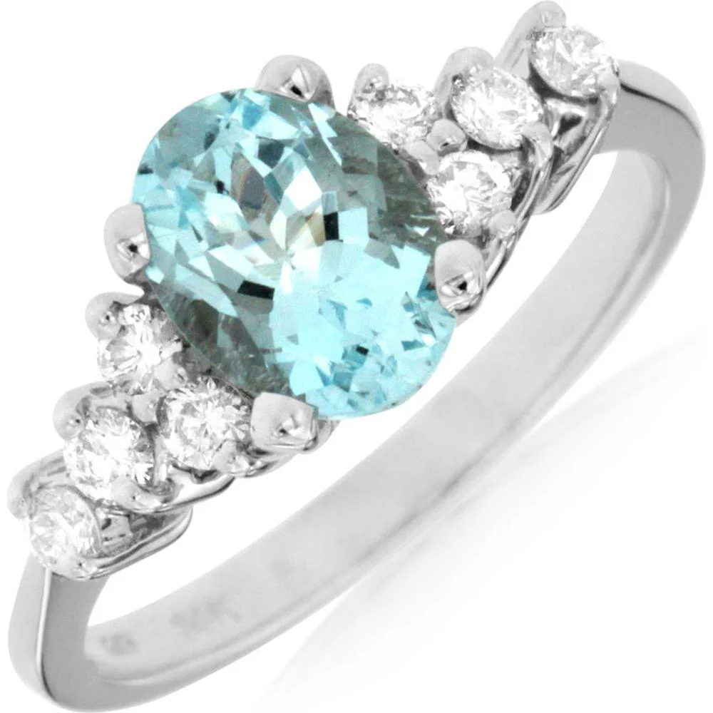 14K White Gold Aquamarine & Diamond Ring - 1.10 Carats Aquamarine, 0.35 Carats Total Diamond Weight - Royal Jewelry