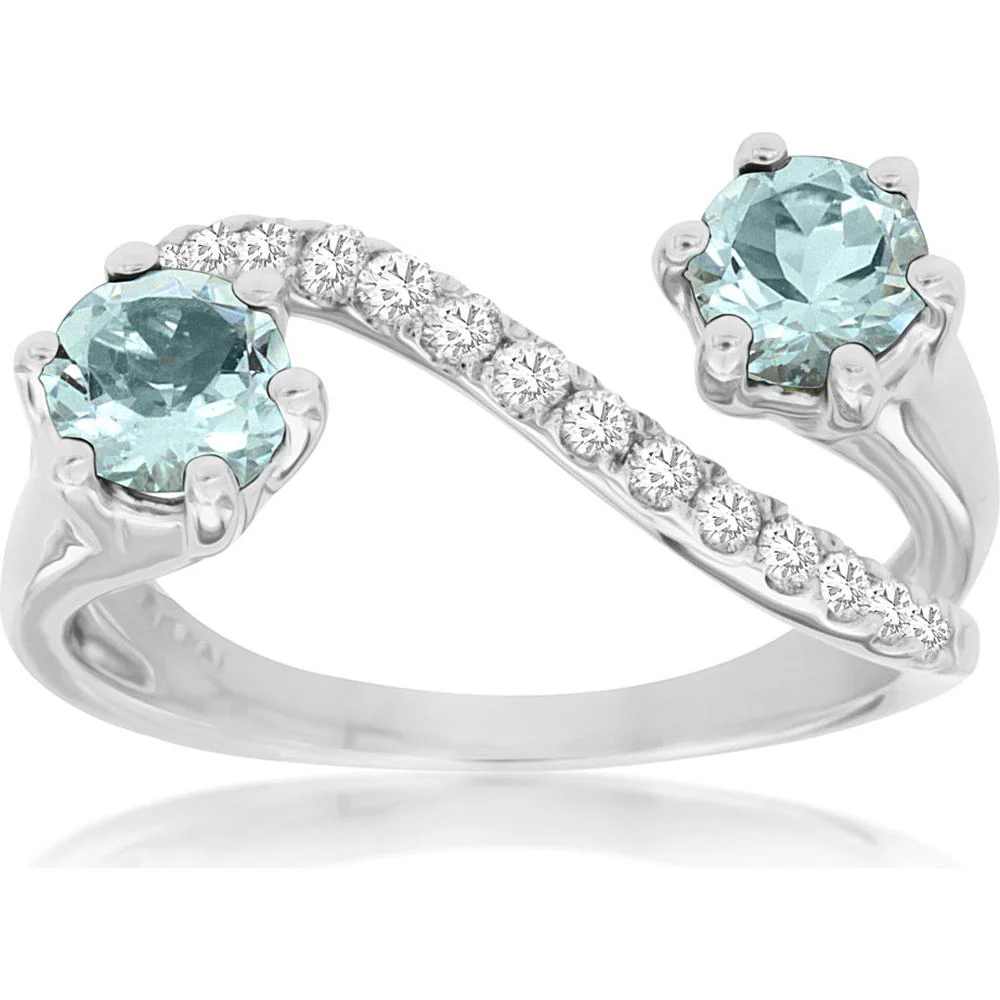 14K White Gold Aquamarine and Diamond Ring with Round Aquamarine - 1.25 Carats Total Aquamarine Weight and 0.35 Carats Total Diamond Weight - Royal Jewelry