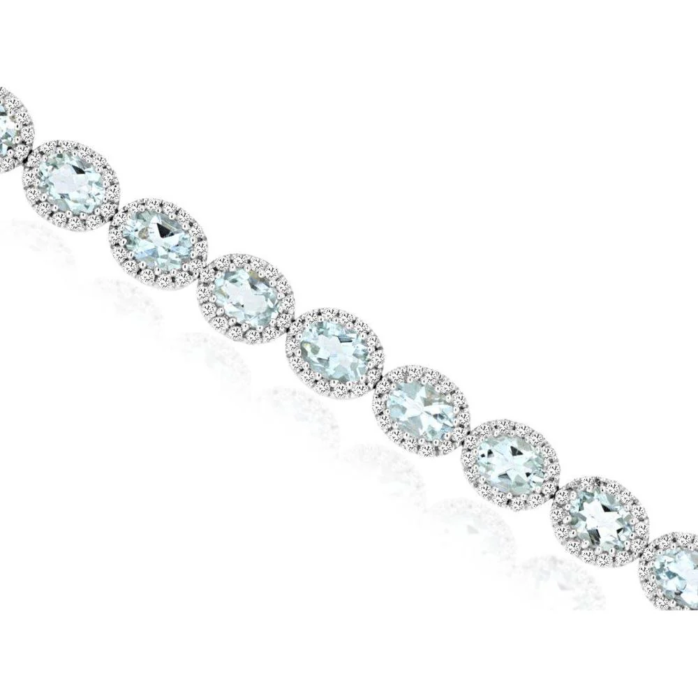 14K White Gold Aquamarine & Diamond Tennis Bracelet with Oval-Cut Aquamarine Stones - 4.5 Carats Total Aquamarine Weight, 1.2 Carats Total Diamond Weight - Royal Jewelry