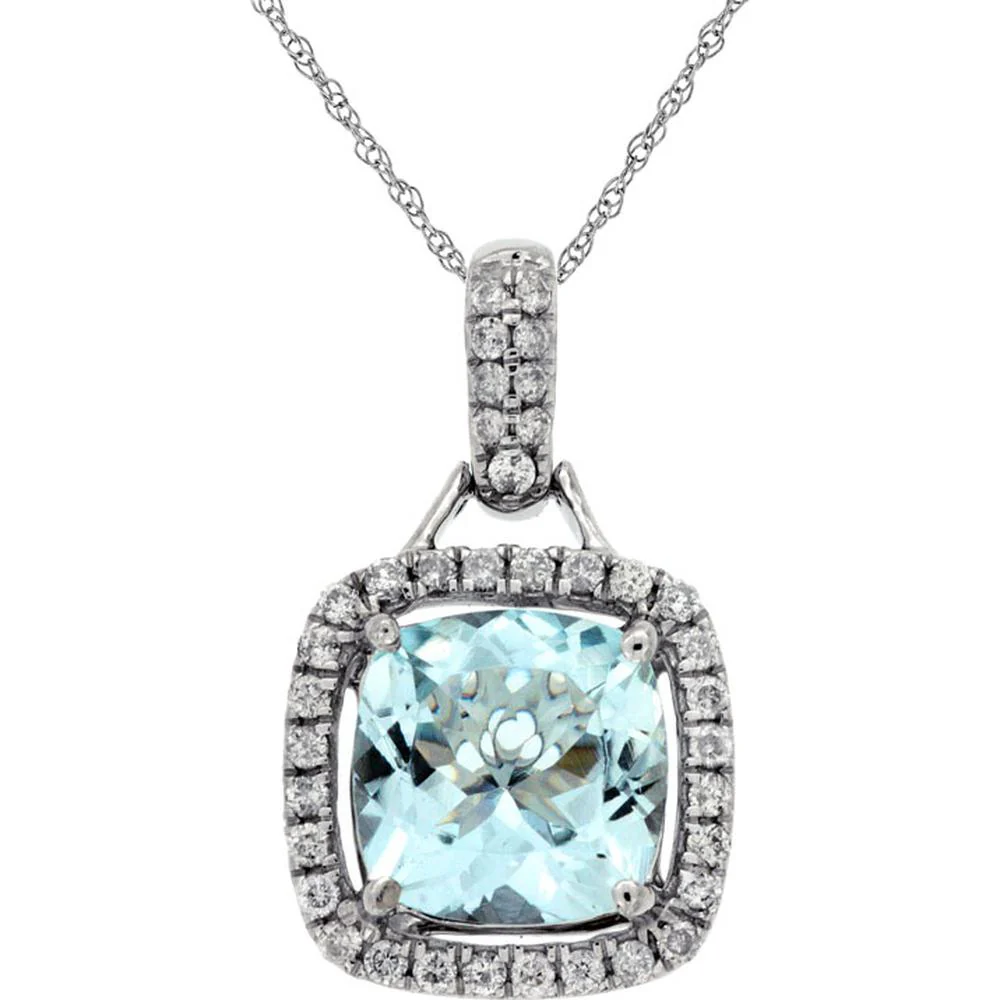 14K White Gold Aquamarine Cushion Cut Pendant with Diamond Halo - 1.75 Carats Aquamarine, 0.24 Carats Diamond Weight - Royal Jewelry