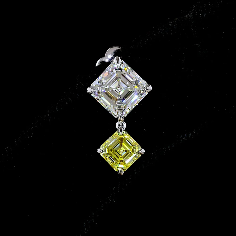 14K White Gold Asscher Cut Hanging Earrings with White and Fancy Vivid Yellow Lab Diamonds - 4.88 Carats Total Diamond Weight - Covaloro Fine Jewelry - Image 2