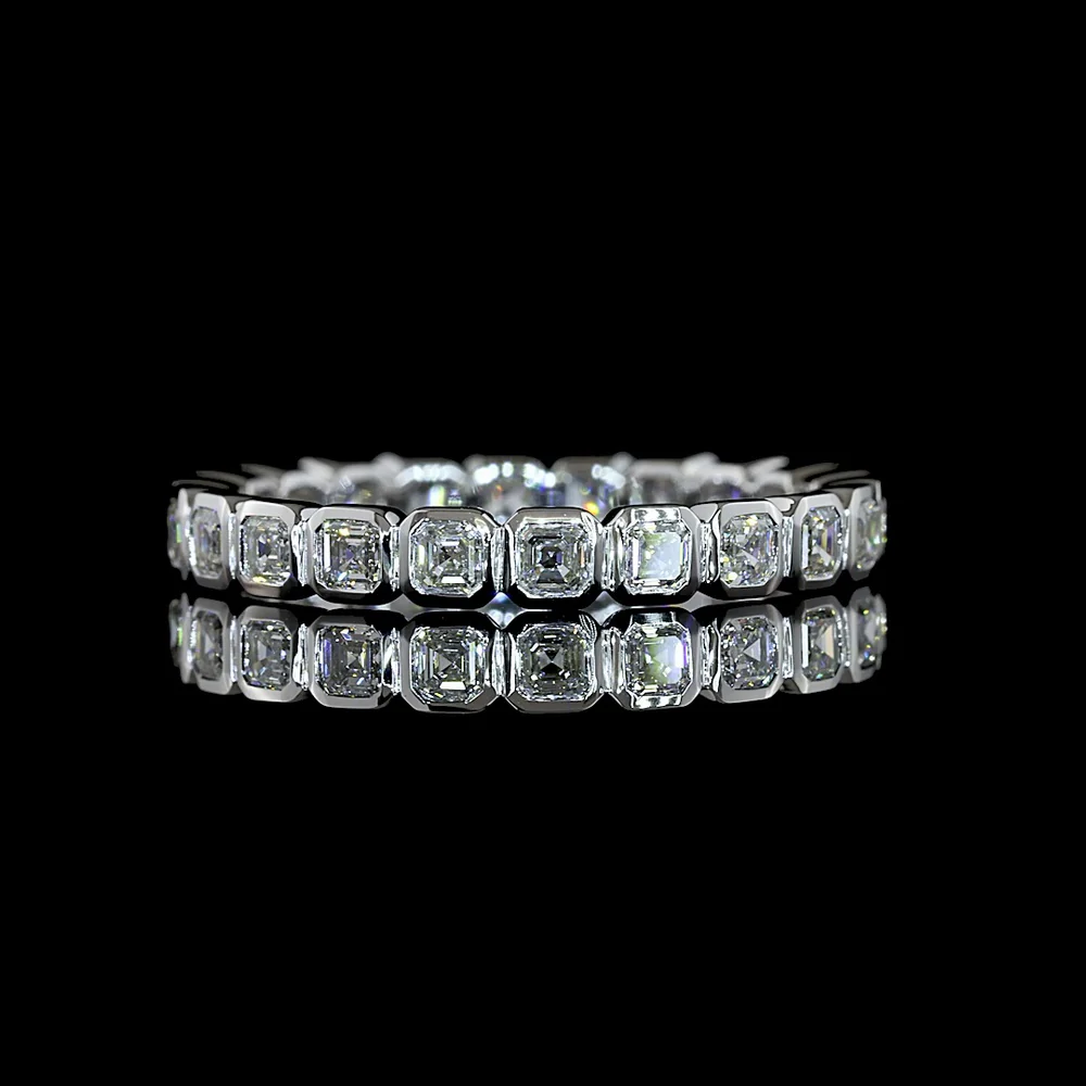 14K White Gold Asscher Cut Lab Diamond Eternity Band with Bezel Setting - 1.21 Carats Total Diamond Weight, 22 Stones - Covaloro Fine Jewelry