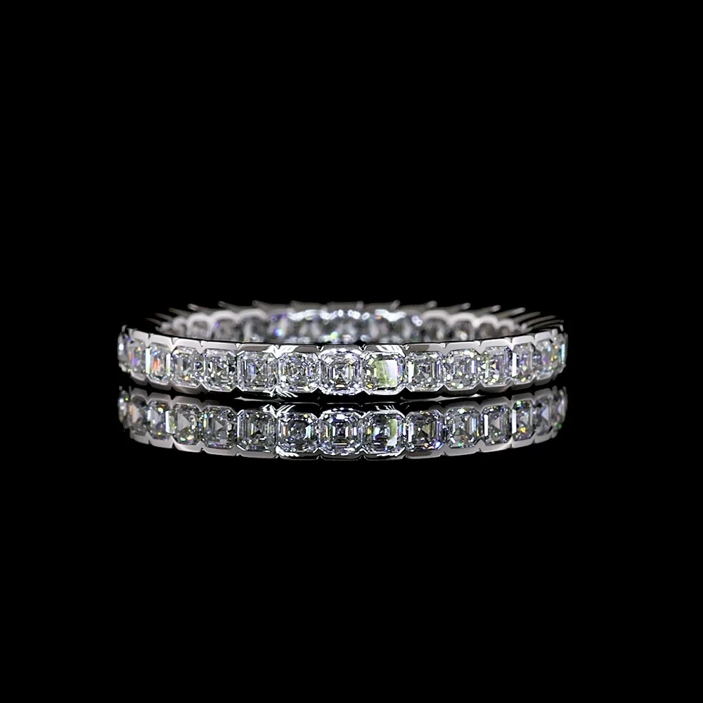14K White Gold Asscher Cut Lab Diamond Eternity Band with Half Bezel Setting - 1.25 Carats Total Diamond Weight - Covaloro Fine Jewelry