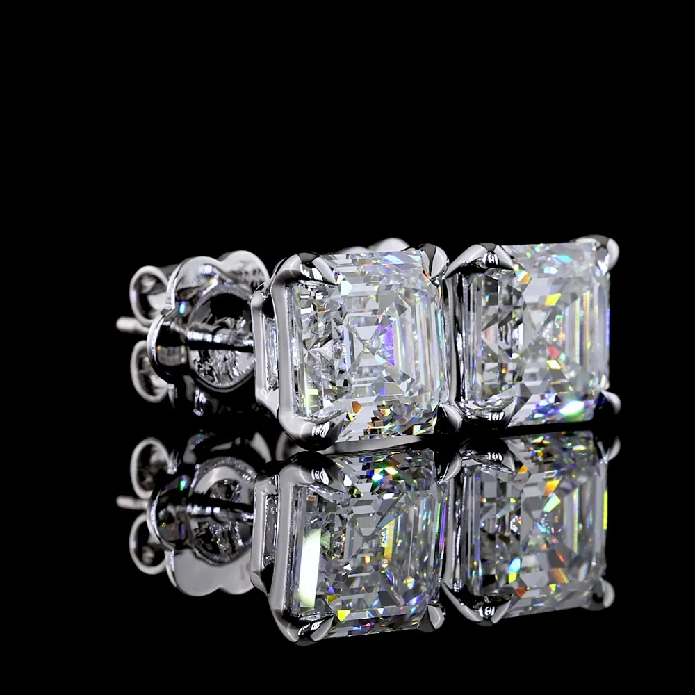 14K White Gold Asscher Cut Lab Diamond Stud Earrings - 4.18 Carat Total Weight, E-F Color VS1 Clarity, IGI Certified - Covaloro Fine Jewelry