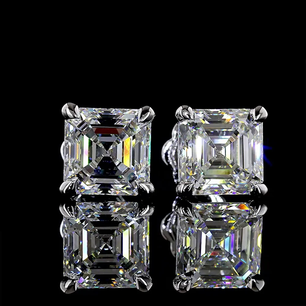 14K White Gold Asscher Cut Lab Diamond Stud Earrings - 5.10 Carat Total Weight, E-F Color, VVS2 Clarity, IGI Certified - Covaloro Fine Jewelry