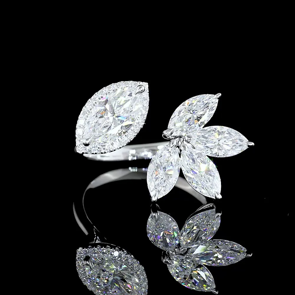 14K White Gold Asymmetric Halo Ring with 1.00 Carats Marquise Diamond and Floral Marquise Cluster - 2.94 Carats Total Lab Diamond Weight - Covaloro Fine Jewelry