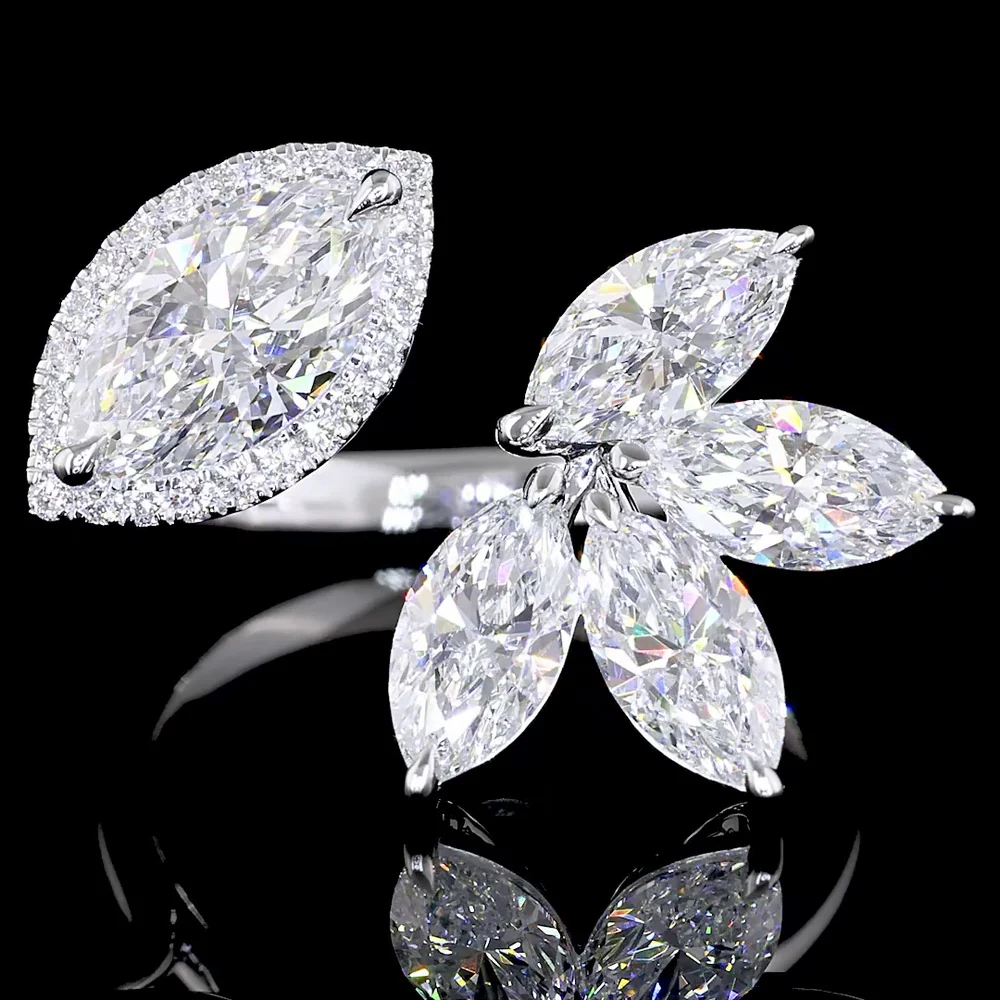 14K White Gold Asymmetric Halo Ring with 1.00 Carats Marquise Diamond and Floral Marquise Cluster - 2.94 Carats Total Lab Diamond Weight - Covaloro Fine Jewelry - Image 2