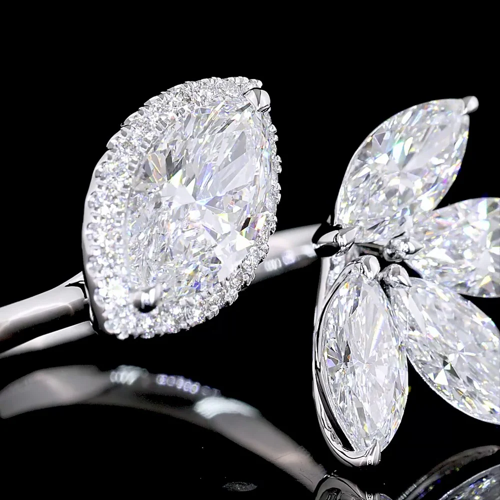 14K White Gold Asymmetric Marquise Diamond Ring with Halo and Floral Cluster Motif - 3.02 Carats Total Lab Diamond Weight - Covaloro Fine Jewelry - Image 2