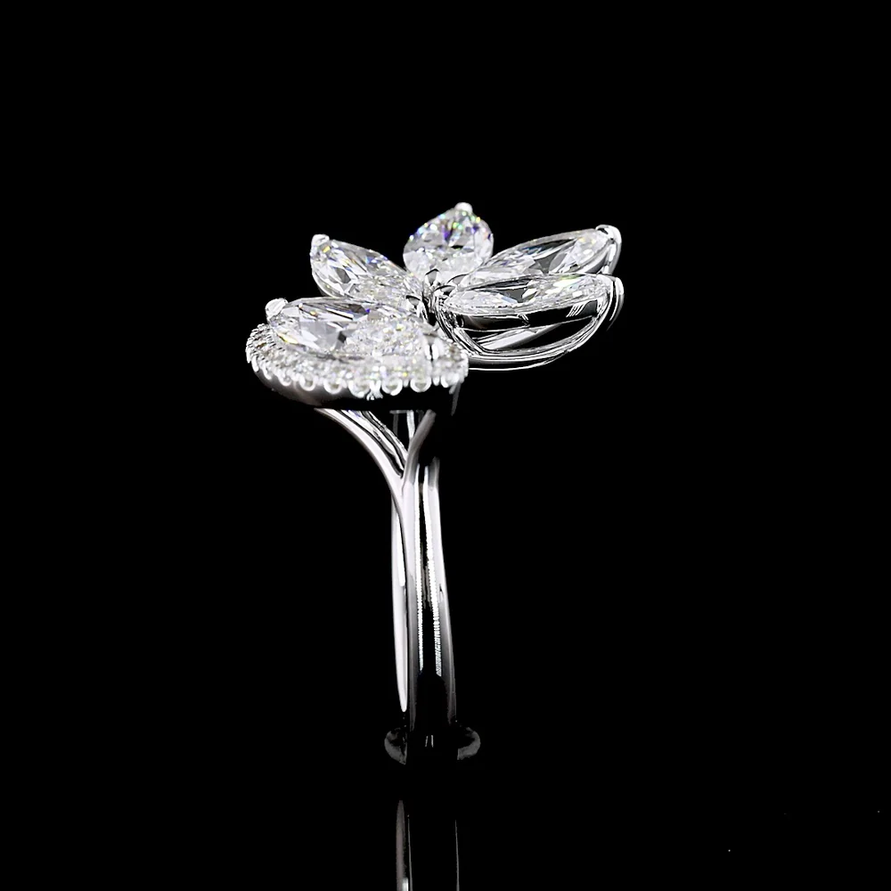 14K White Gold Asymmetric Marquise Diamond Ring with Halo and Floral Cluster Motif - 3.02 Carats Total Lab Diamond Weight - Covaloro Fine Jewelry - Image 3