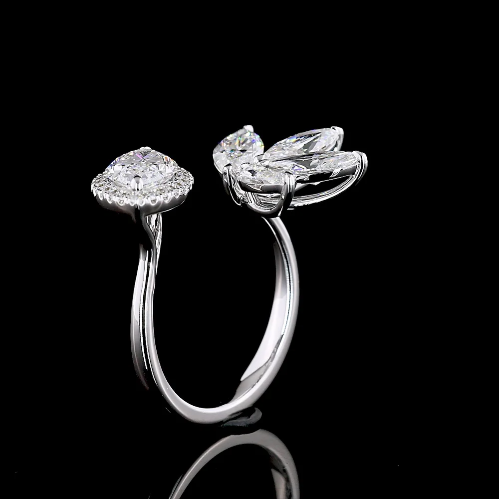 14K White Gold Asymmetric Marquise Diamond Ring with Halo and Floral Cluster Motif - 3.02 Carats Total Lab Diamond Weight - Covaloro Fine Jewelry - Image 4