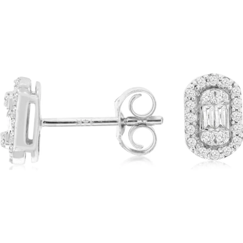 14K White Gold Baguette and Round Diamond Halo Stud Earrings with Milgrain Detail - 0.25 Carat Total Diamond Weight - Royal Jewelry