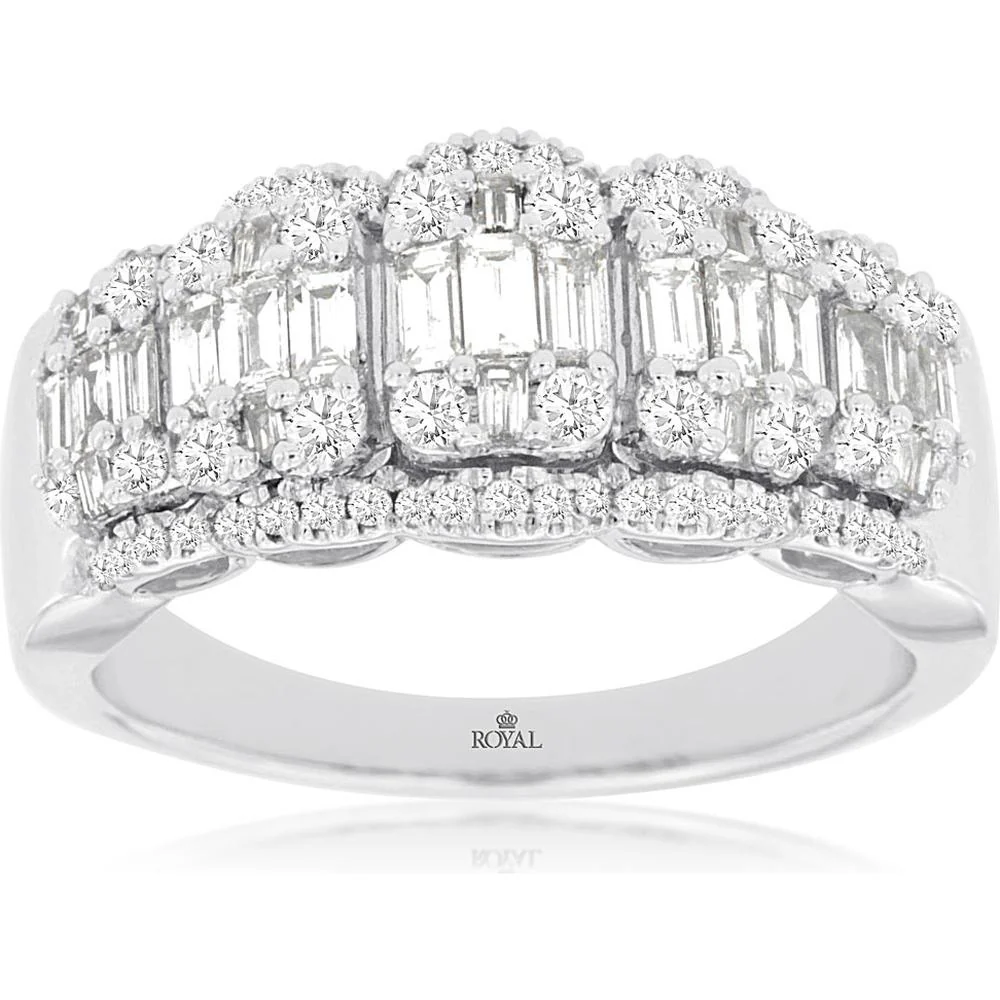14K White Gold Baguette and Round Diamond Wedding Band with Micro Pavé Border - 0.98 Carat Total Diamond Weight - Royal Jewelry