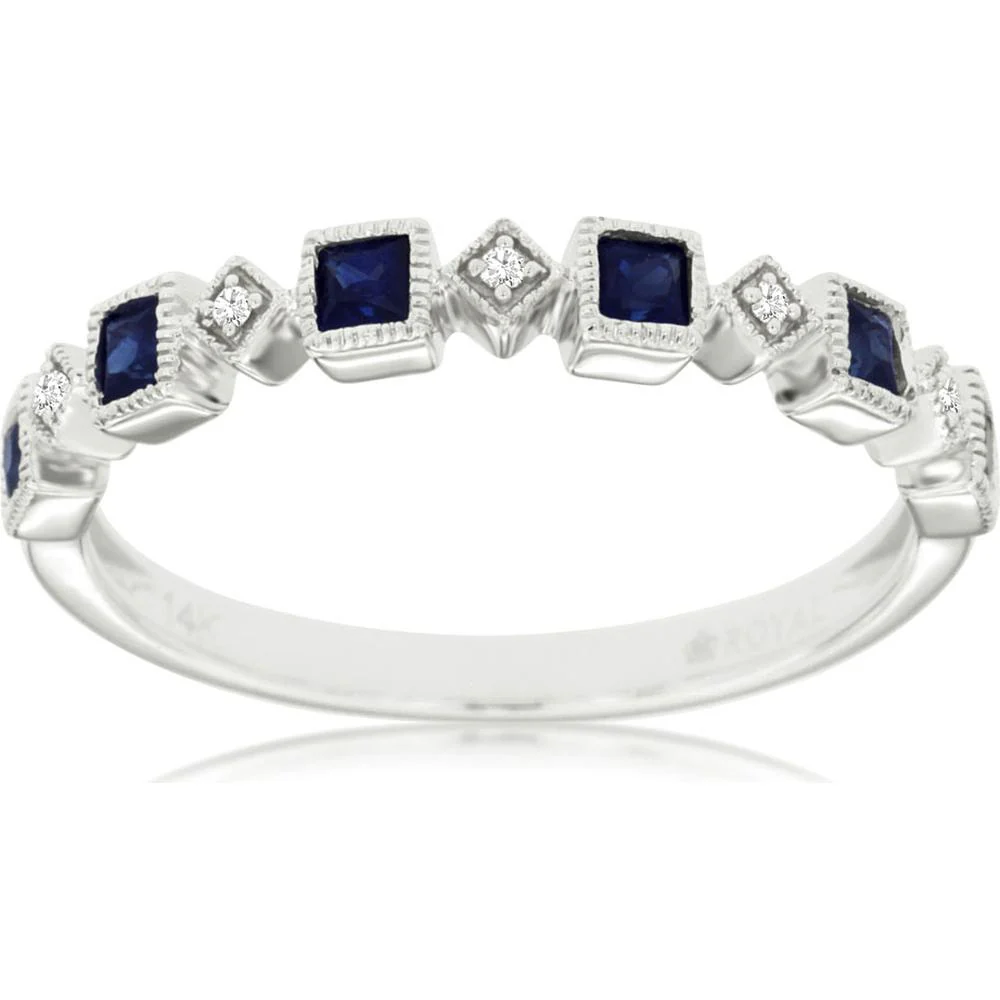 14K White Gold Band with Alternating Princess Cut Sapphires and Round Diamond Accents - 0.40 Carat Total Sapphire Weight - Royal Jewelry