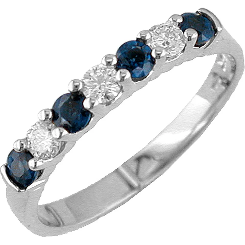 14K White Gold Band with Alternating Round Sapphires and Round Diamonds - 0.40 Carat Total Sapphire Weight, 0.22 Carat Total Diamond Weight - Royal Jewelry