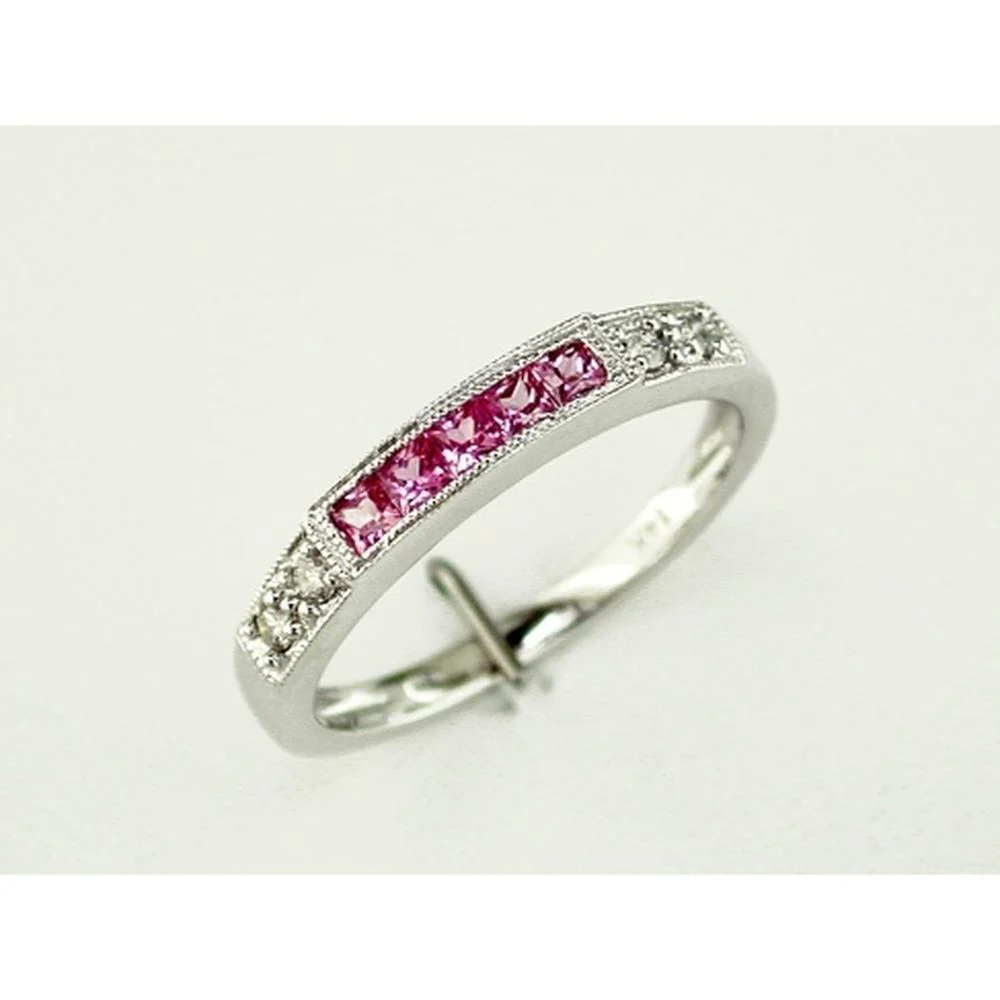 14K White Gold Band with Princess Cut Pink Sapphires and Round Diamonds - 0.41 Carats Total Gem Weight - Royal Jewelry
