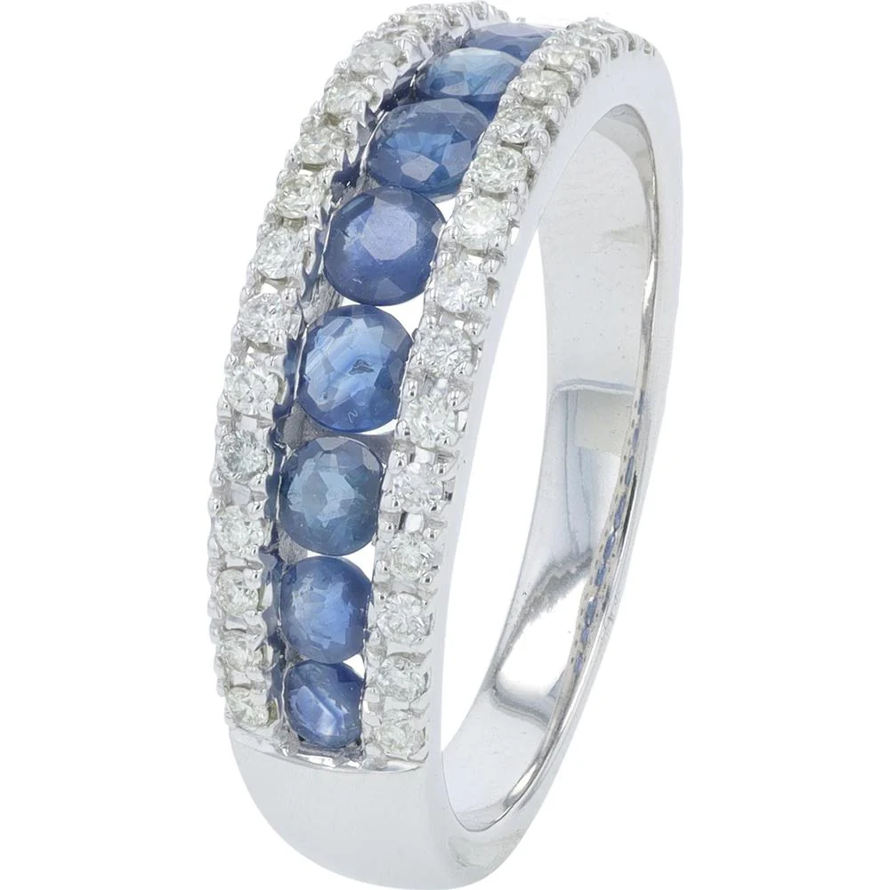 14K White Gold Band with Round Sapphires and Prong - Set Diamonds - 1.00 Carat Sapphire, 0.27 Carat Diamonds