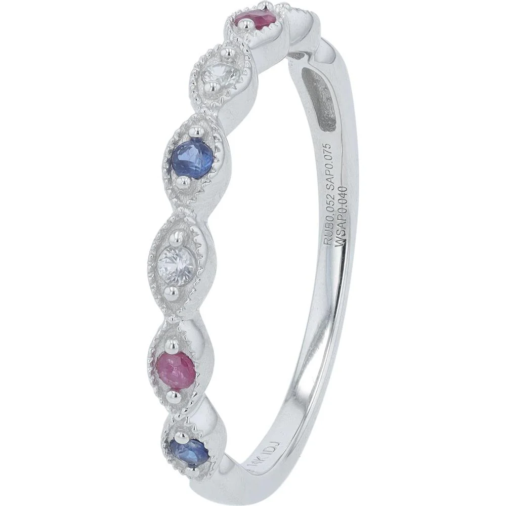14K White Gold Band with Ruby, Blue Sapphire & White Sapphire - 0.17 Carat Total Gem Weight