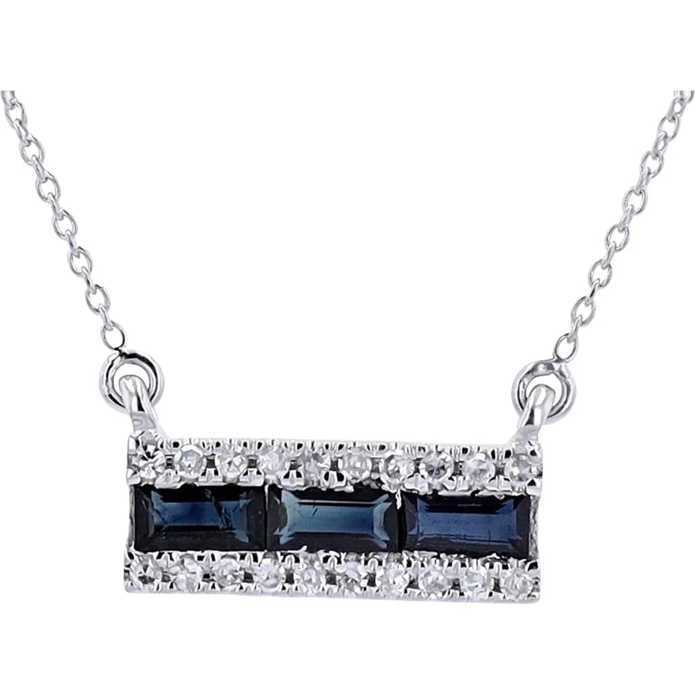 14K White Gold Bar Necklace with 0.50 Carat Baguette Sapphires and 0.10 Carat Round Diamond Accents