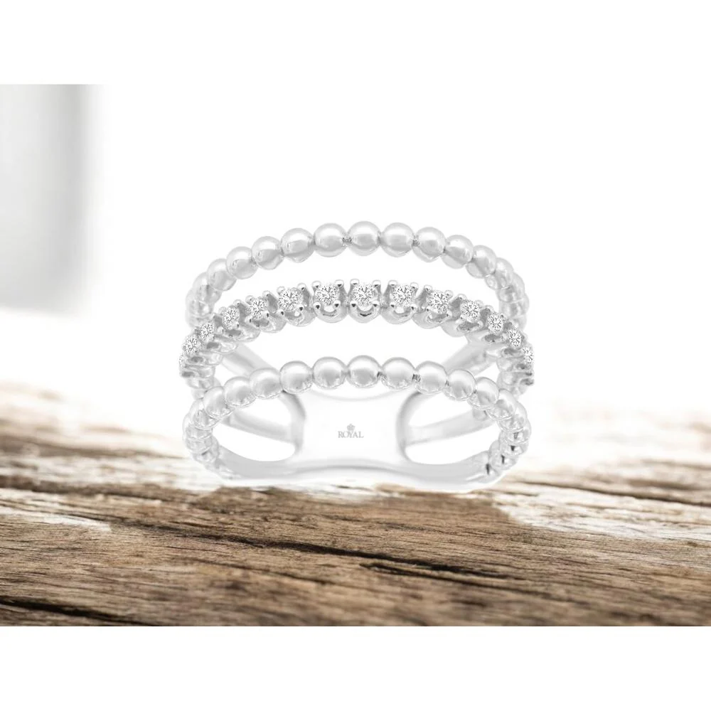 14K White Gold Beaded Triple-Row Diamond Wedding Band with Round Brilliant Cut Diamonds - 0.23 Carat Total Diamond Weight - Royal Jewelry - Image 2