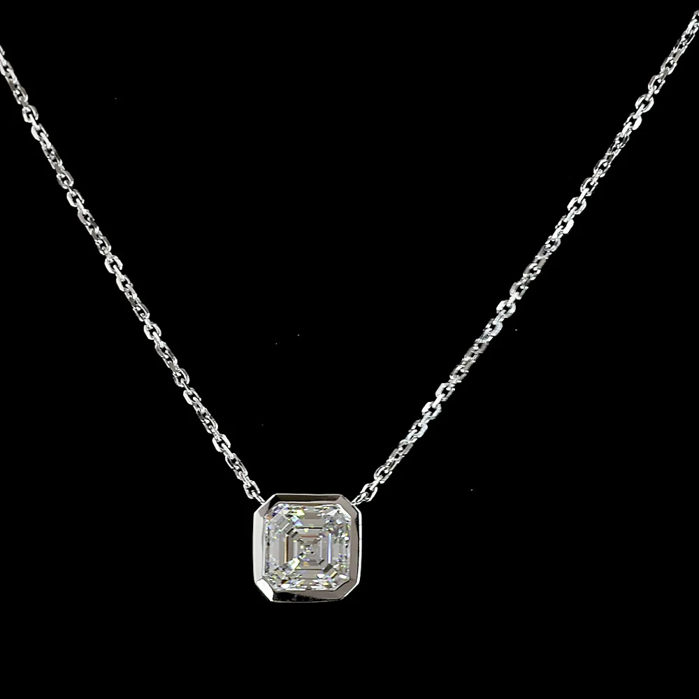 14K White Gold Bezel Set Asscher Cut Lab Diamond Solitaire Pendant - 1.01 Carat D VVS2 IGI Certified - Covaloro Fine Jewelry