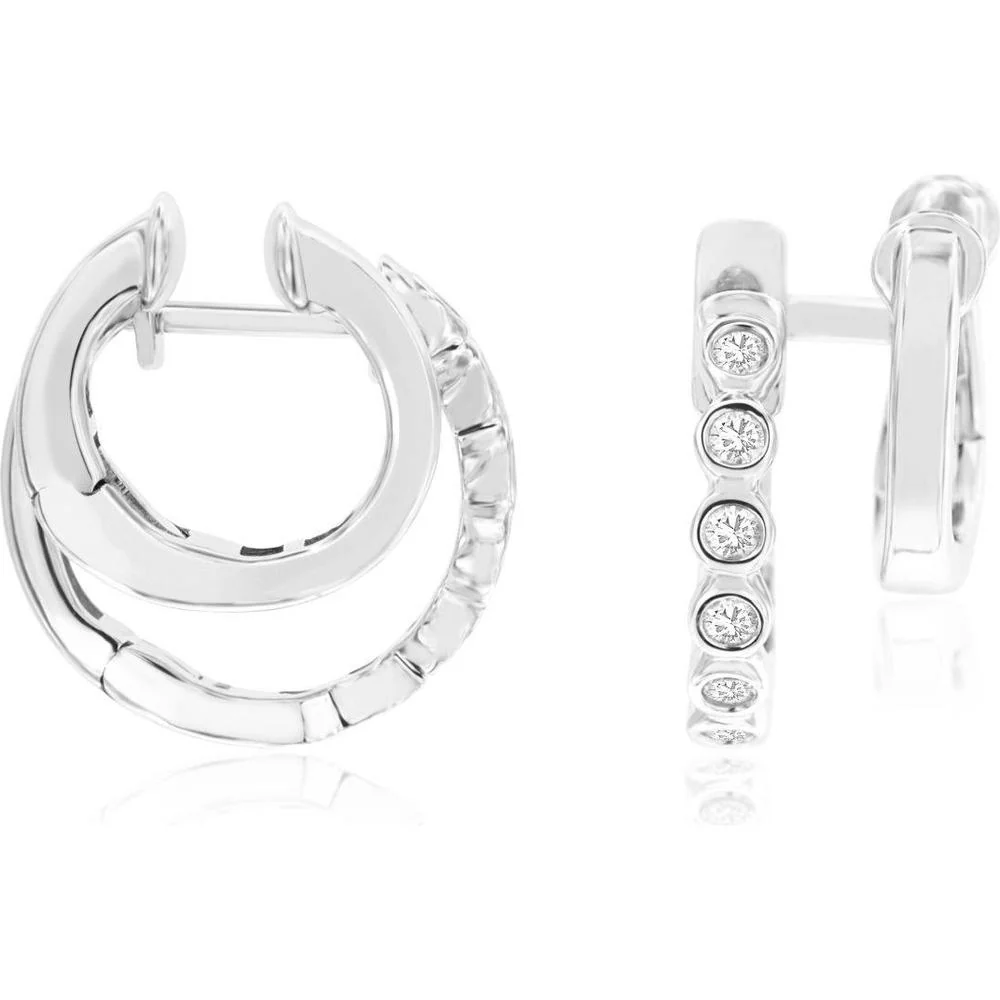 14K White Gold Bezel-Set Diamond Double-Row Hoop Earrings - 0.20 Carat Total Weight - Royal Jewelry