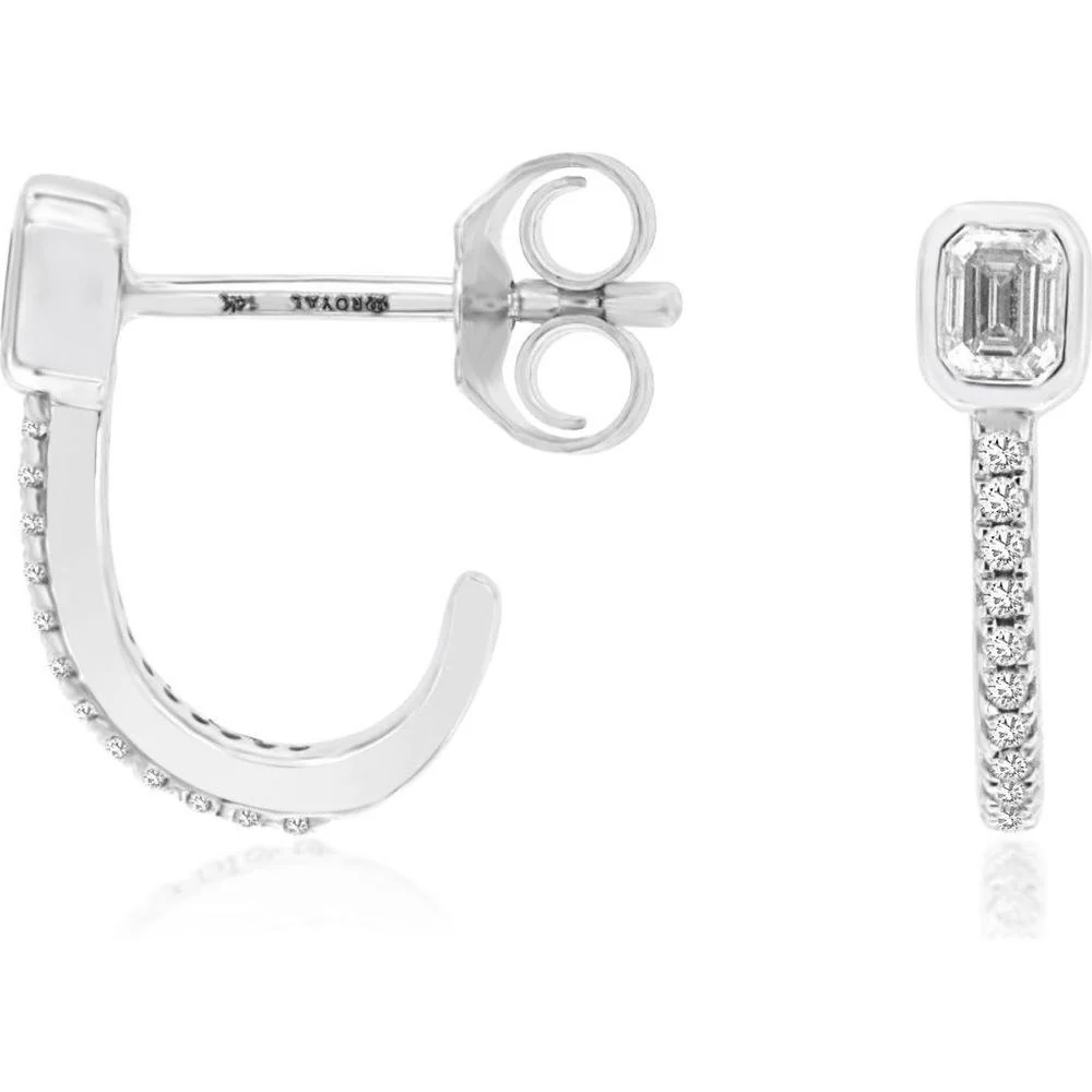 14K White Gold Bezel Set Emerald Cut and Round Diamond Hoop Earrings - 0.22 Carat Total Diamond Weight - Royal Jewelry