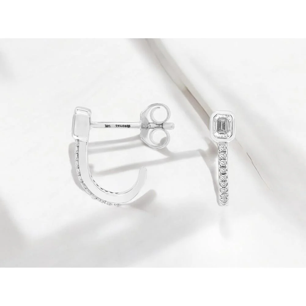 14K White Gold Bezel Set Emerald Cut and Round Diamond Hoop Earrings - 0.22 Carat Total Diamond Weight - Royal Jewelry - Image 2