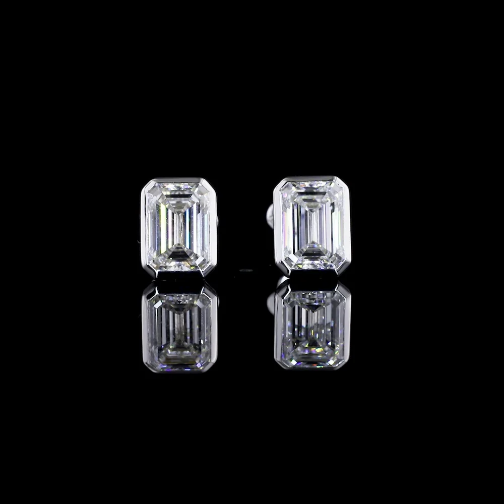 14K White Gold Bezel Set Emerald Cut Lab Diamond Stud Earrings - 4.09 Carat Total Weight, D VVS2 Clarity, GIA Certified - Covaloro Fine Jewelry