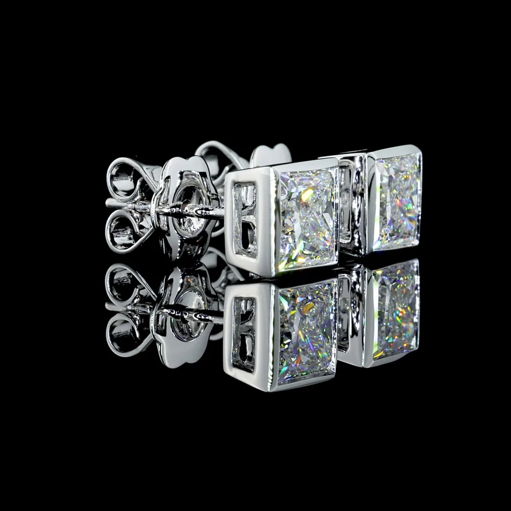 14K White Gold Bezel Set Princess Cut Lab Diamond Stud Earrings - 2.08 Carat Total Weight, D VVS2 GIA Certified - Covaloro Fine Jewelry