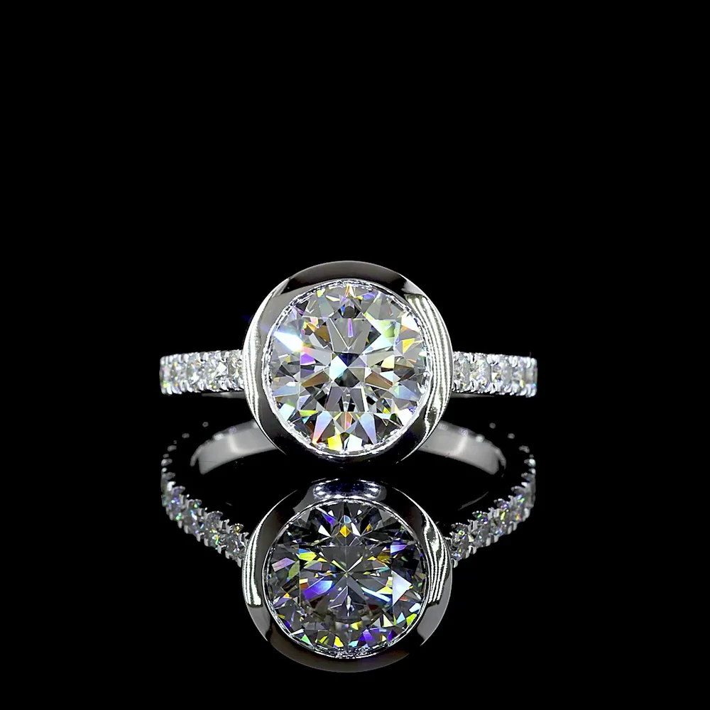 14K White Gold Bezel Set Round Lab Diamond Solitaire Shank Ring - 3.15 Total Carat Weight, D VVS2 Center Stone - Covaloro Fine Jewelry