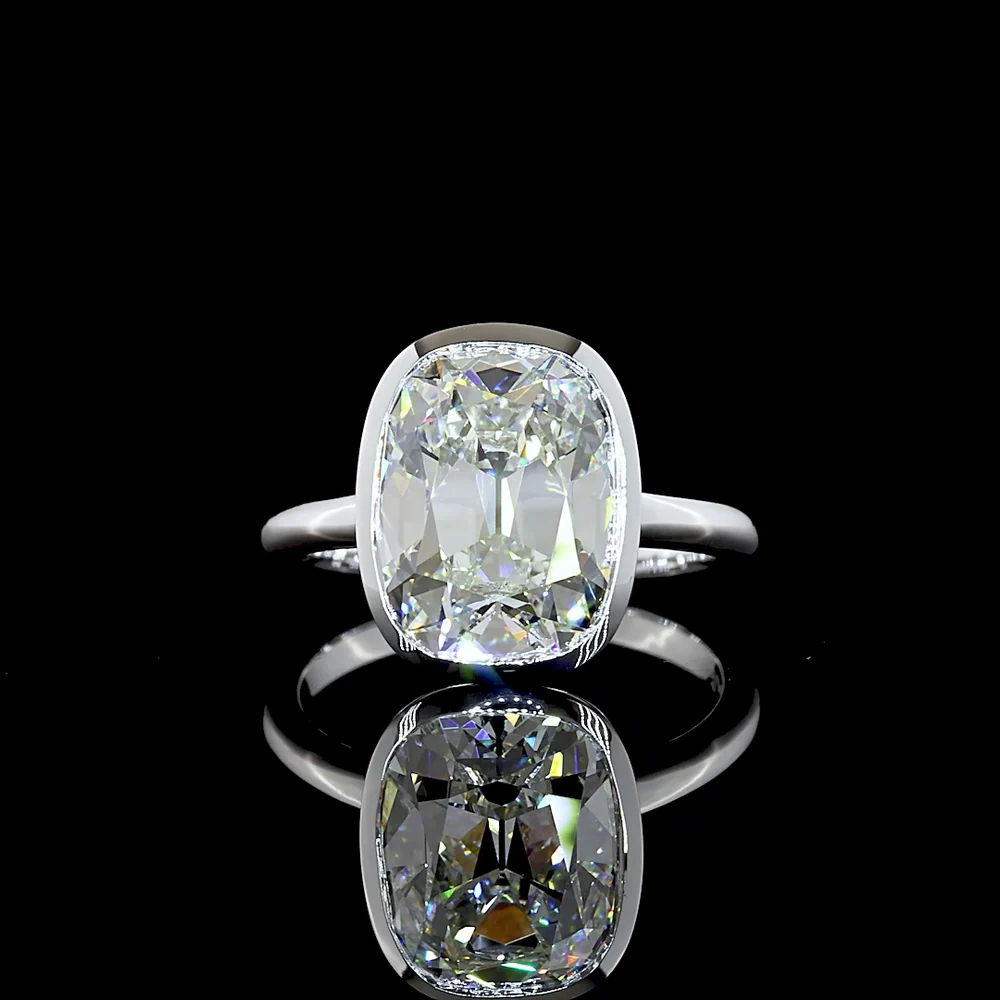 14K White Gold Bezel Set Solitaire Ring with 5.12 Carats Antique Cushion Cut Lab Diamond - E-F Color VS1 Clarity - Covaloro Fine Jewelry