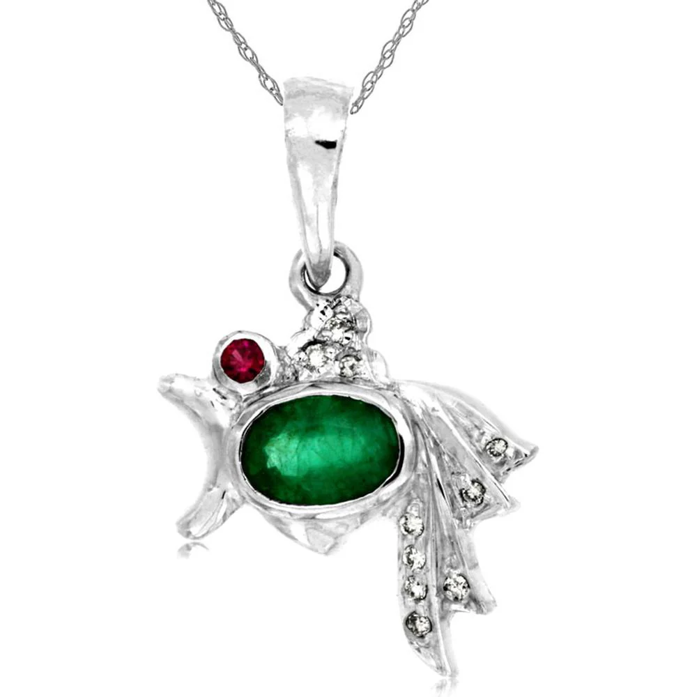 14K White Gold Bird Motif Pendant with 0.50 Carat Oval Emerald, 0.04 Carat Ruby Eye, and Pavé Set Round Diamonds - Royal Jewelry