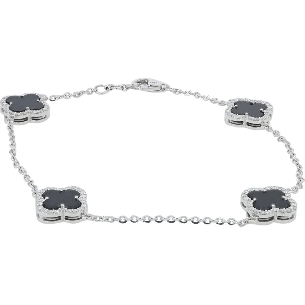 14K White Gold Black Onyx Clover Bracelet with 0.75 Carat Diamond Halo Accents
