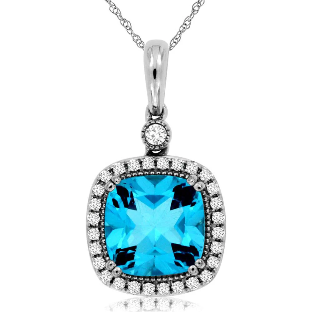 14K White Gold Blue Topaz & Diamond Halo Pendant - 2.78 Carats Total Gem Weight - Royal Jewelry