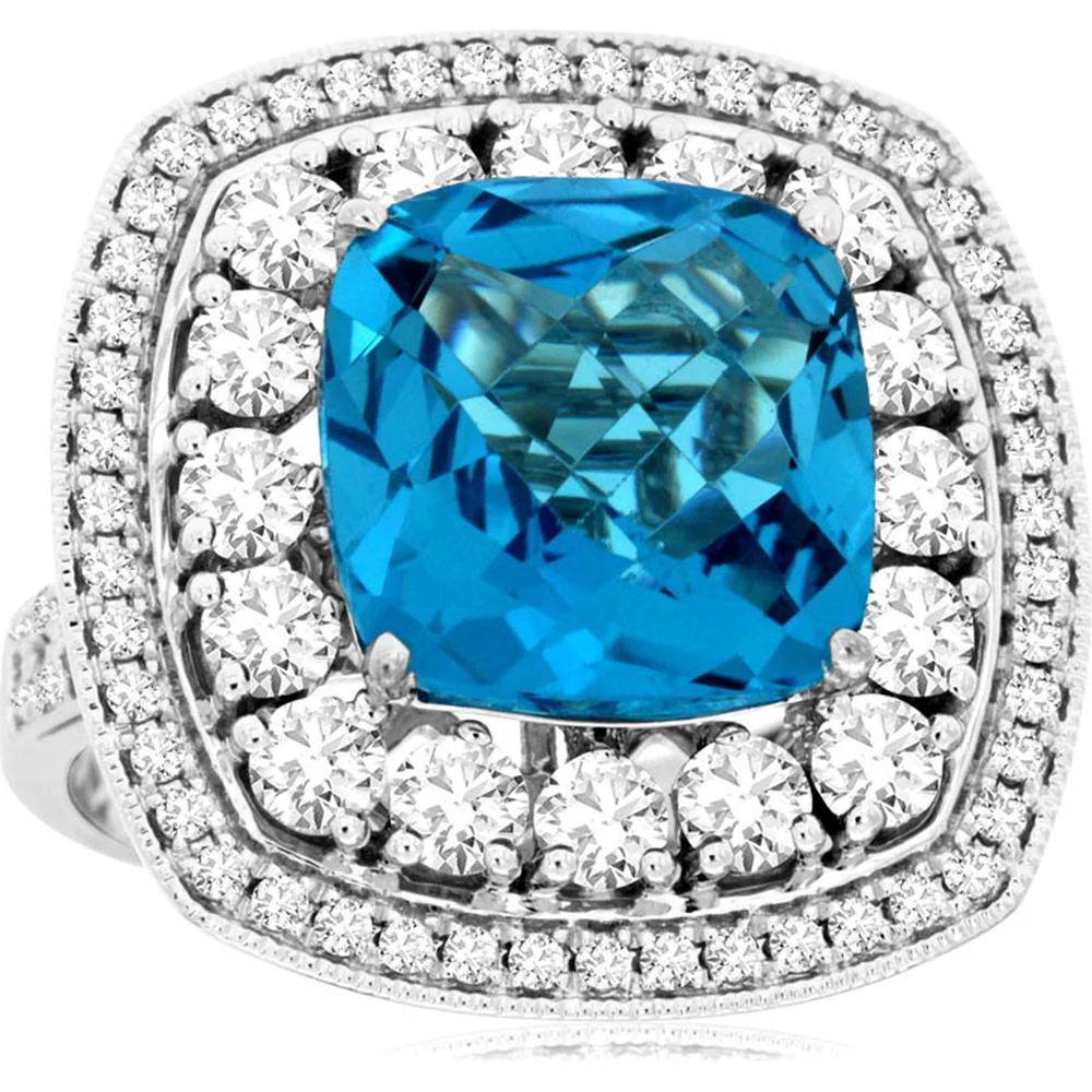 14K White Gold Blue Topaz & Diamond Halo Ring - 11.05 Carats Total Gemstone Weight - Royal Jewelry