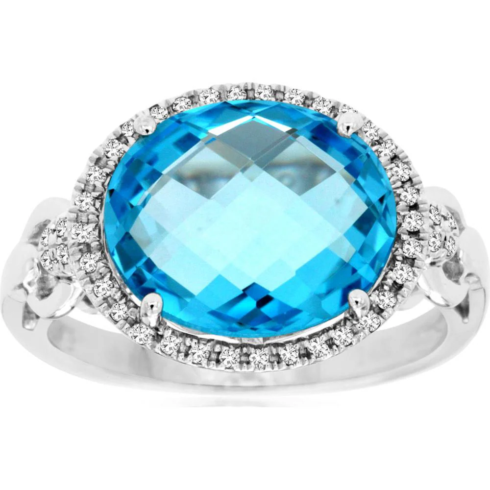 14K White Gold Blue Topaz & Diamond Halo Ring - 5.68 Carats Total Gemstone Weight - Royal Jewelry