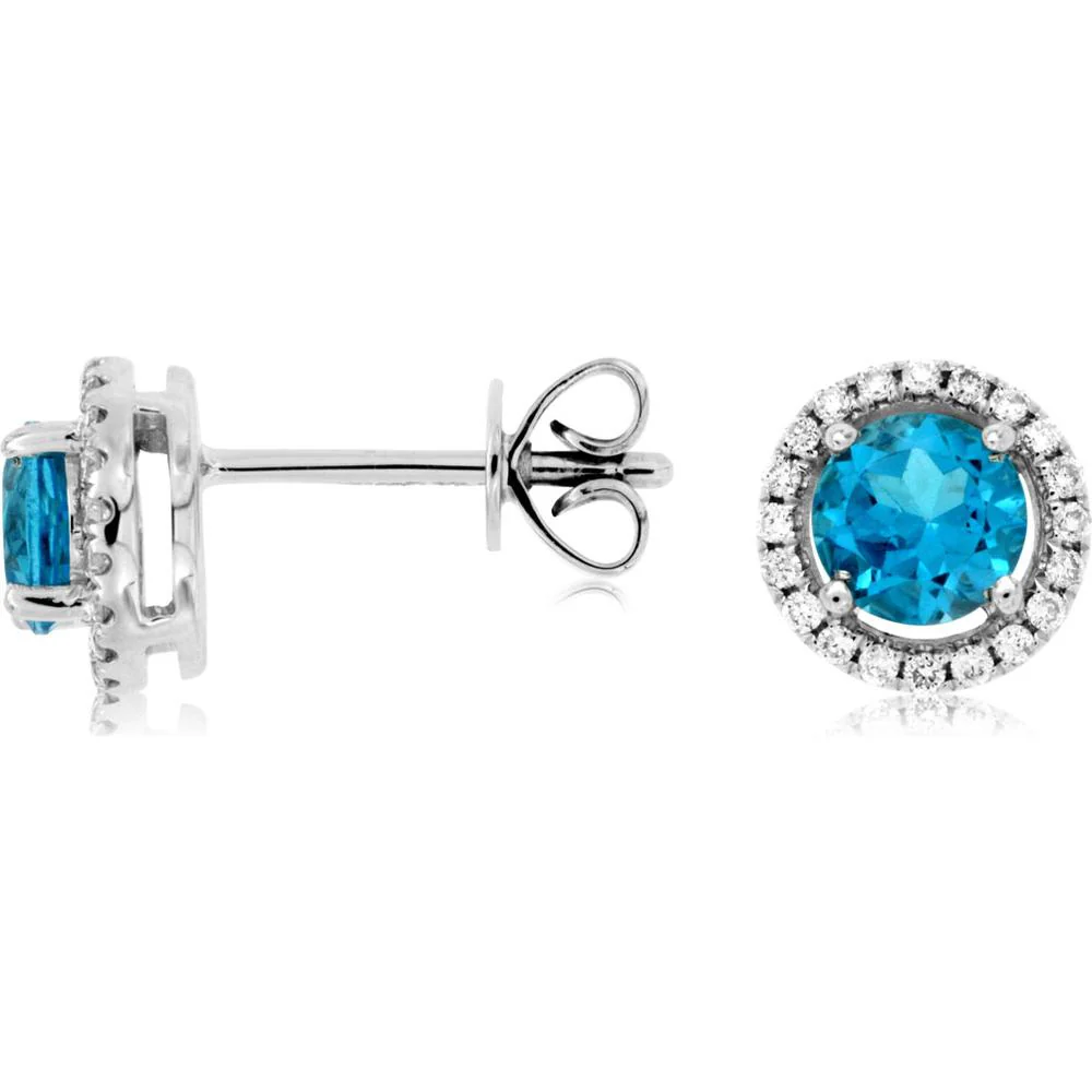 14K White Gold Blue Topaz and Diamond Halo Stud Earrings - 1.16 Carat Total Blue Topaz Weight, 0.15 Carat Total Diamond Weight - Royal Jewelry