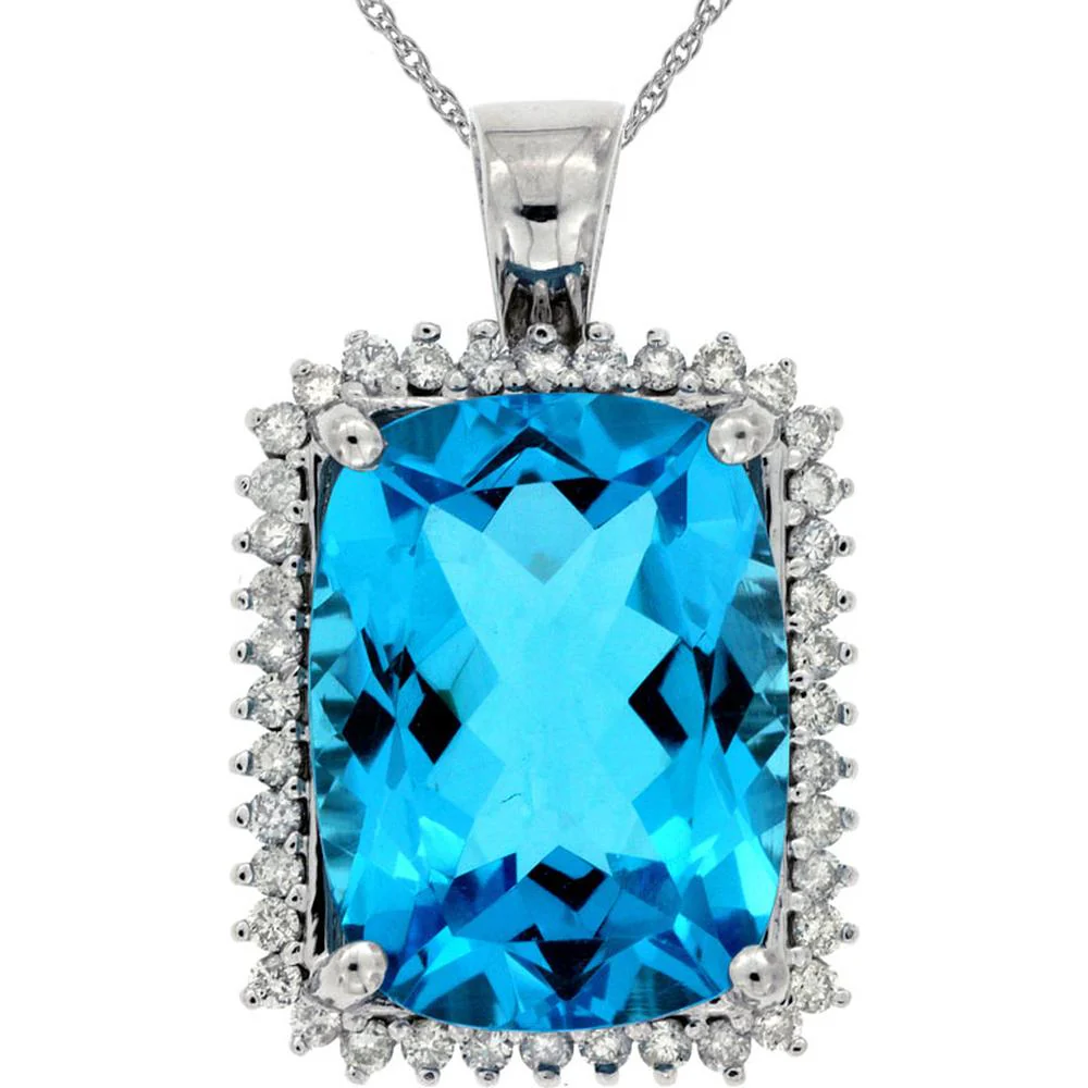 14K White Gold Blue Topaz and Diamond Pendant with Cushion Cut Blue Topaz - 12.90 Carats Total Gem Weight - Royal Jewelry