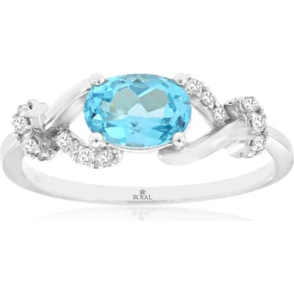 14K White Gold Blue Topaz & Diamond Ring with Oval Blue Topaz and Diamond Accents - 1.05 Carats Total Gem Weight - Royal Jewelry