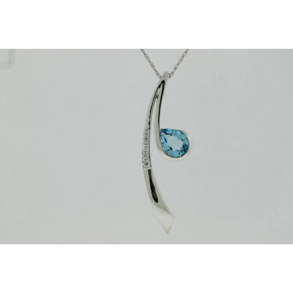 14K White Gold Blue Topaz Pear Shape Pendant with Round Diamonds - 1.53 Carats Total Gemstone Weight - Royal Jewelry